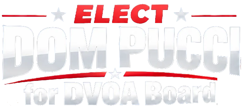 Elect Dom Pucci for DVOA Board logo with stars and curved red underline